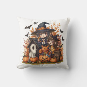 Almofada Kawaii Witches with Ghost Puppy and Pumpkins