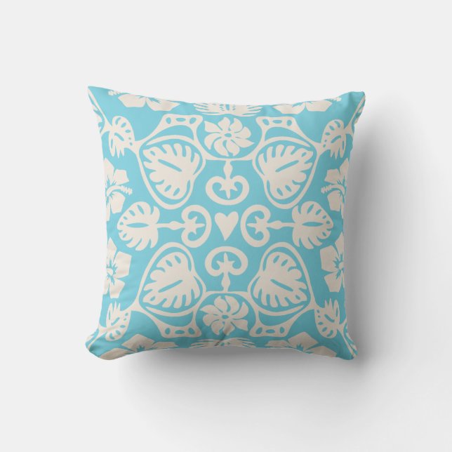 Almofada Keoni Hawaiian Monstera Leaf Damask Aqua (Frente)