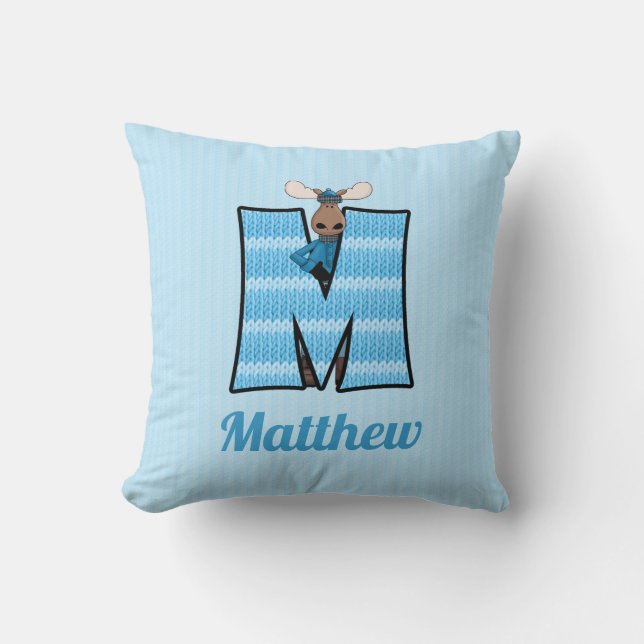 Almofada Kid Blue Knit Impressão Moose Monograma - Letra M (Frente)