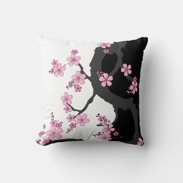 Almofada Kimono Black e White Pink Sakura (Frente)
