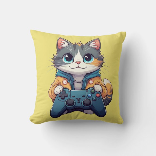 Almofada Kitten Holding Game Controller Smiling Gamer Cat (Frente)