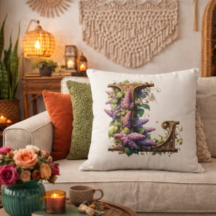 Almofada "L" inicial - Elegante Lilac Floral Design