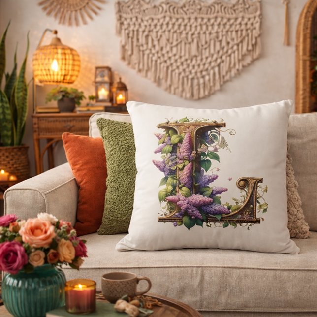 Almofada "L" inicial - Elegante Lilac Floral Design (Criador carregado)