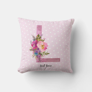 Almofada L, Monograma floral inicial, flor de aquarela