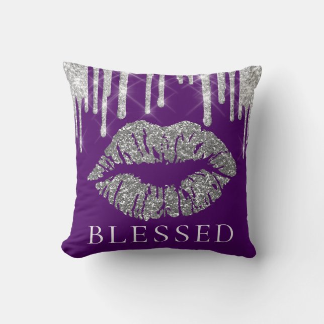 Almofada Lábios Beijos Cinzas De Prata Glitter Roxo Bênção (Frente)