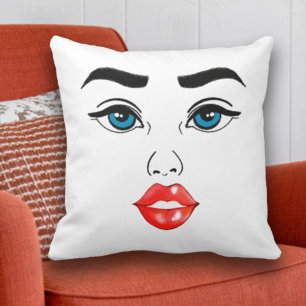 Almofada Lábios Vermelhos Azuis com Arte de Linha Moderna