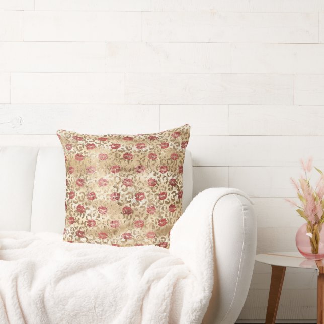 Almofada Lábios vermelhos Dourados do Creme Leopardo (Sofá)