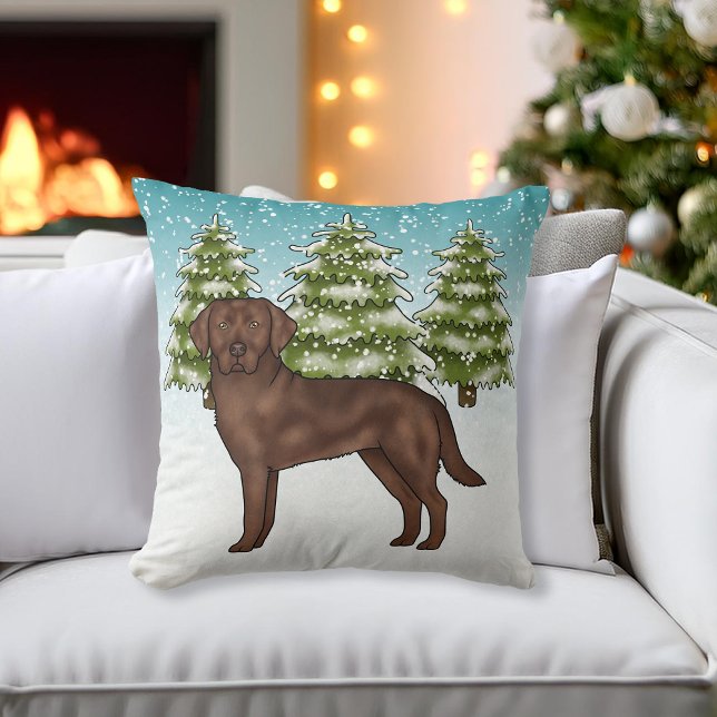 Almofada Labrador Retriever Chocolate Azul Natal de Inverno (Criador carregado)
