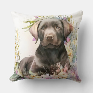 Almofada Labrador Retriever marrom aquarela e flores