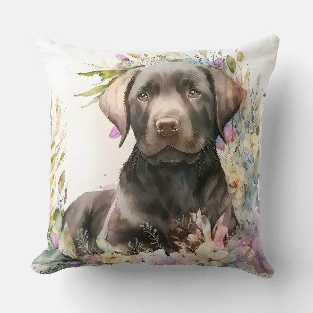 Almofada Labrador Retriever marrom aquarela e flores (Frente)