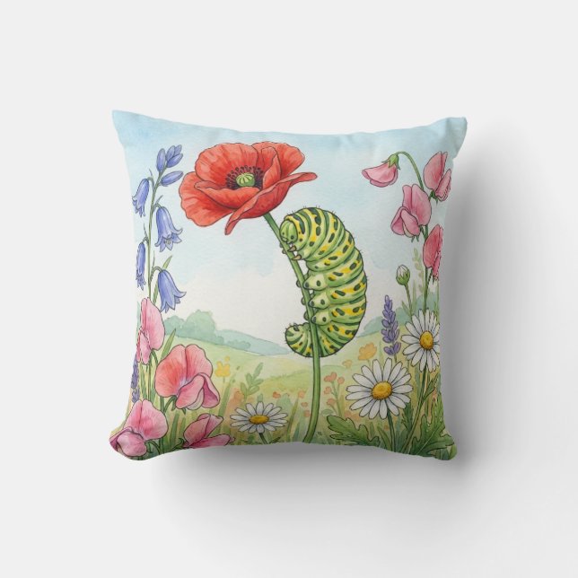 Almofada Lagarta Fofa e Flores Insetos Minúsculos  (Frente)