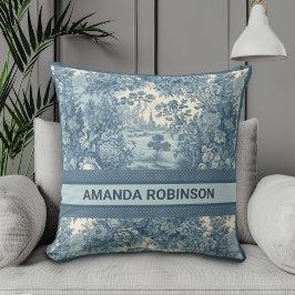 Almofada Lago floral vítreo Monograma azul toile de jouy