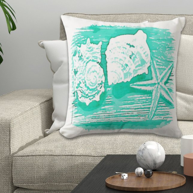 Almofada lagosta de lagoa de lagoa de lágrimas (coastal beach watercolor teal seashell starfish throw pillow)