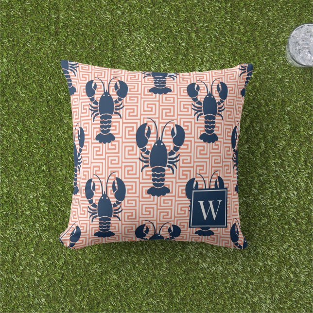 Almofada Lagosta Preppy Chave Grega Coral & Azul Marinho Mo (Grama)