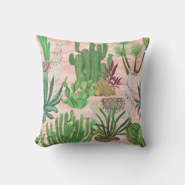 Almofada Lamas de aquarelas e cactos. (Frente)