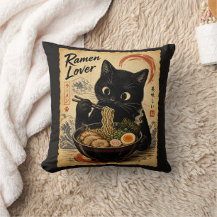 Almofada Lamen Preto de Gato Engraçado Estilo de Arte Japon