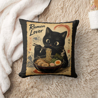 Almofada Lamen Preto de Gato Engraçado Estilo de Arte Japon