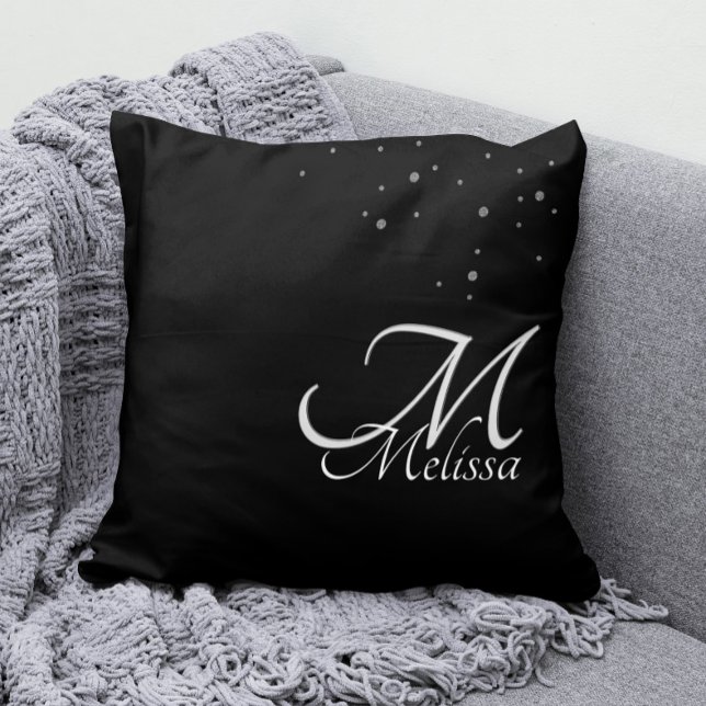 Almofada Lâmpada de prata falsa Monograma de prata embutido (Silver Monogram Pillow with Your Name and Faux Silver Glitter Confetti)