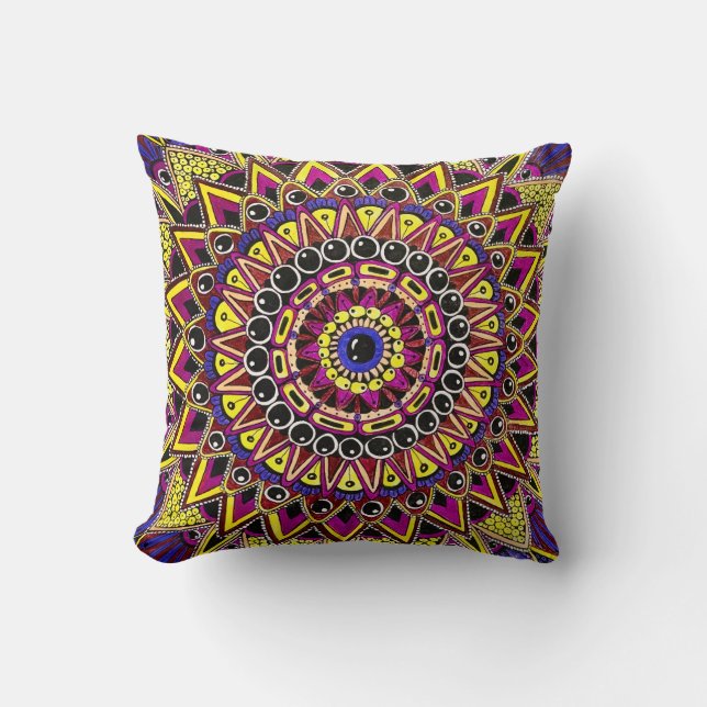 Almofada Lápis de Cor Roxo Amarelo Mandala (Frente)