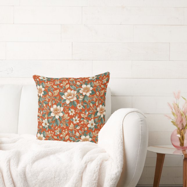 Almofada Laranja, Creme e Algodão Teal Floral (Sofá)