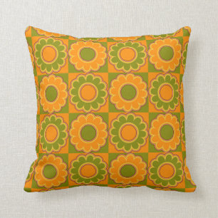 Almofada laranja e verde azeitona de flower power dos anos