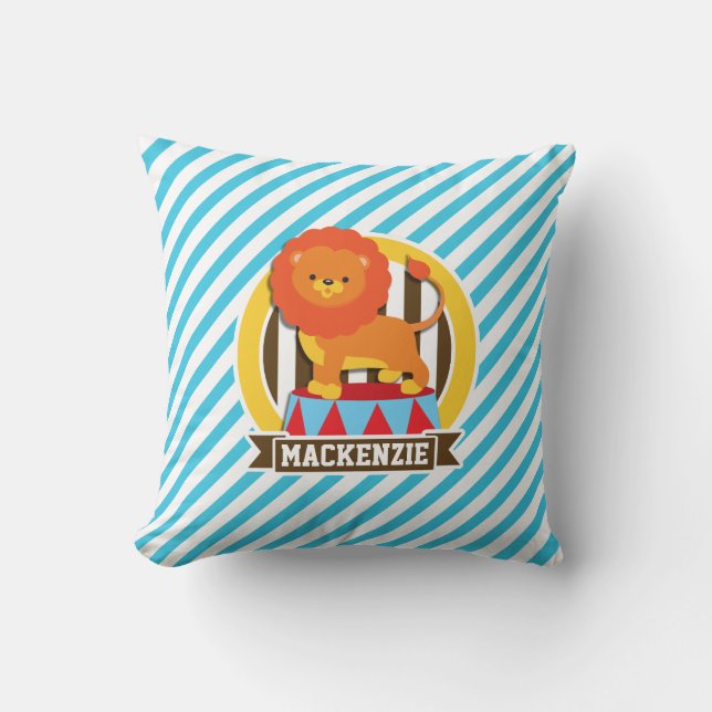 Almofada Laranja Grande Circo Lion; Blue & White Strips (Frente)