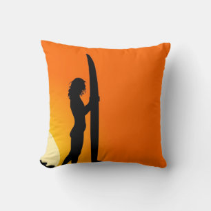 Almofada Laranja Sunset surfer Girl com surfboard