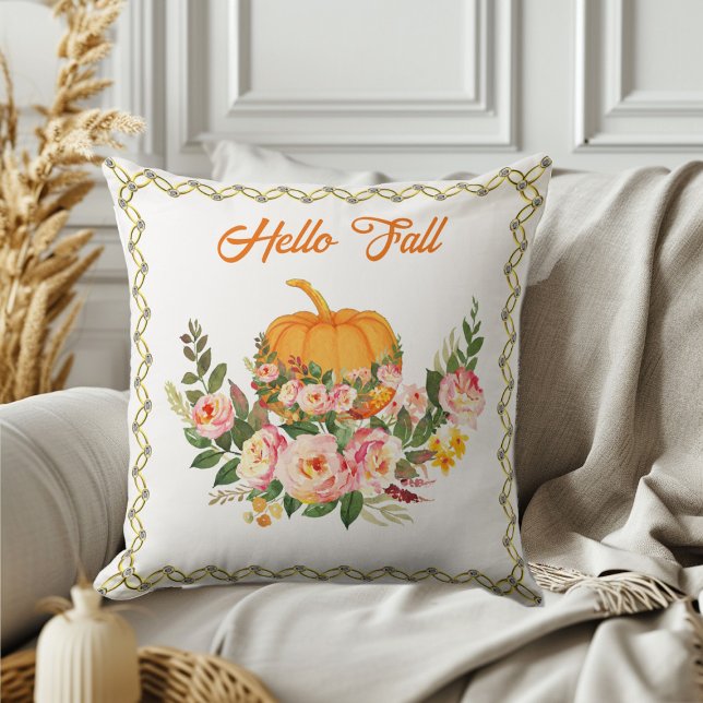 Almofada Laranja Vibrante Alô Queda Bompkin Rosa de Aquarel (Vibrant Orange Hello Fall Pumpkin Watercolor Rose Throw Pillow)