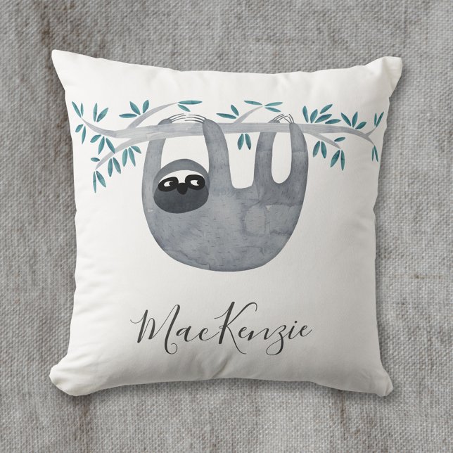 Almofada Largura de Boca Personalizada (Cute watercolor sloth art personalize script name throw pillow)