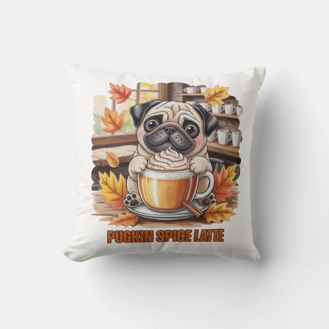 Almofada Latte de Tempero de Abóbora Pug Fofo Engraçado Out (Frente)