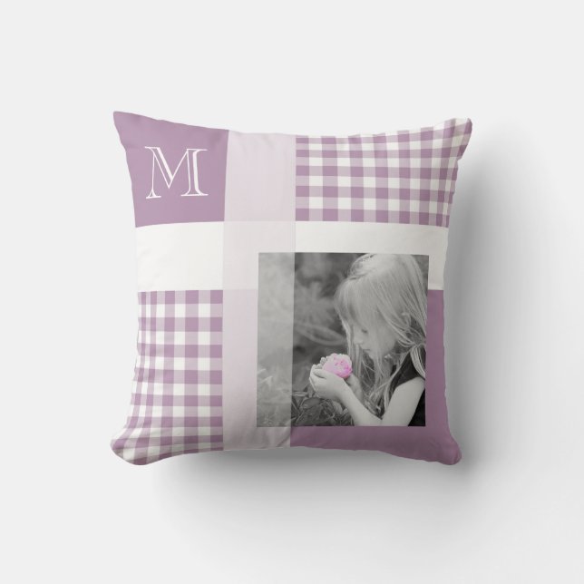Almofada Lavanda Adicionar Sua Foto Gingham Modern Monogram (Frente)