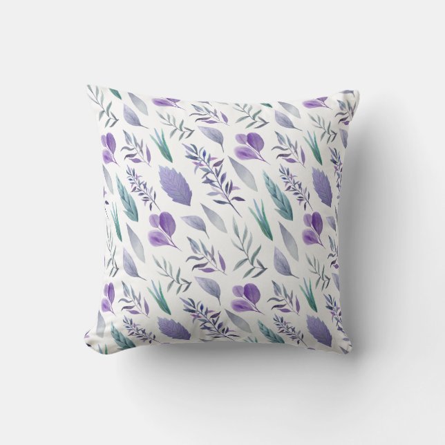 Almofada Lavanda Roxa Moderna Folhas Verde | (Frente)