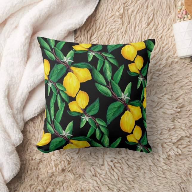 Almofada Lemon Leaf Yellow Green Black Pattern Throw Pillow (Cobertor)