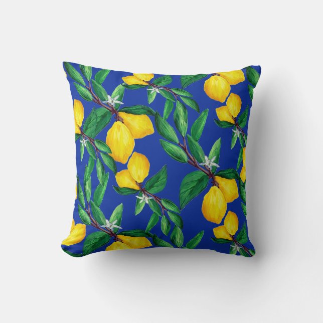 Almofada Lemon Leaf Yellow Green Blue Pattern Throw Pillow (Frente)