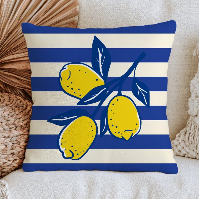 Almofada Lemons Citrus Fruit Blue Stripes Mediterranean (Criador carregado)