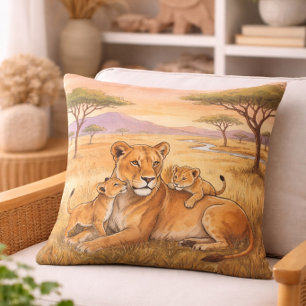 Almofada Leoa Mamãe e Filhote Animais de Safari