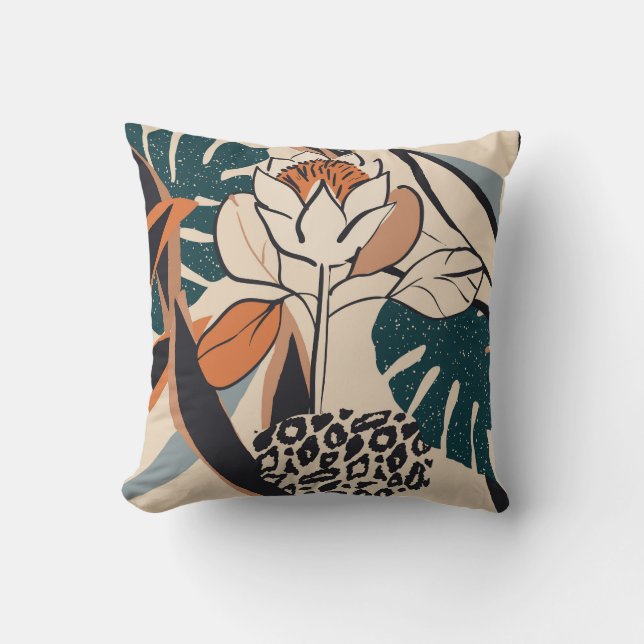 Almofada Leopard Print Floral: Desenho à Mão do Abstrato (Frente)