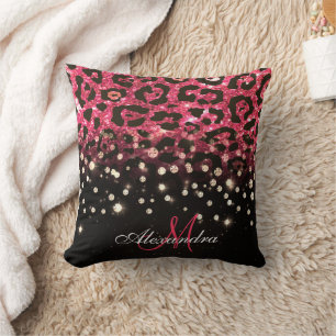 Almofada Leopardo cor-de-rosa, impressão e diamantes