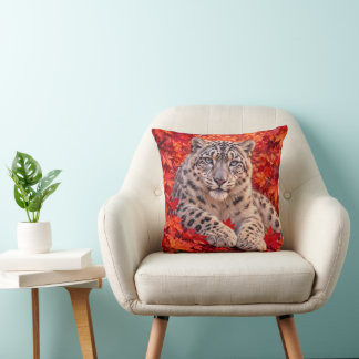 Almofada Leopardo-das-neves em Folhas de Bordo de Outono –