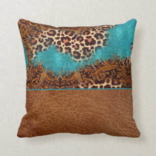 Almofada Leopardo-de-Couro-Florescente Turquesa Ocidental