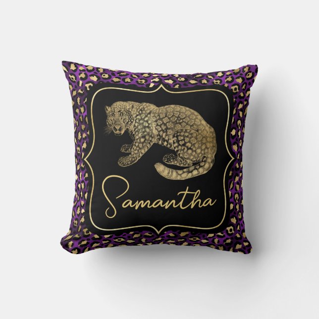 Almofada Leopardo Dourado e Estampa de Leopardo Roxo (Frente)