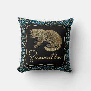 Almofada Leopardo Dourado e Impressão de Leopardo Azul
