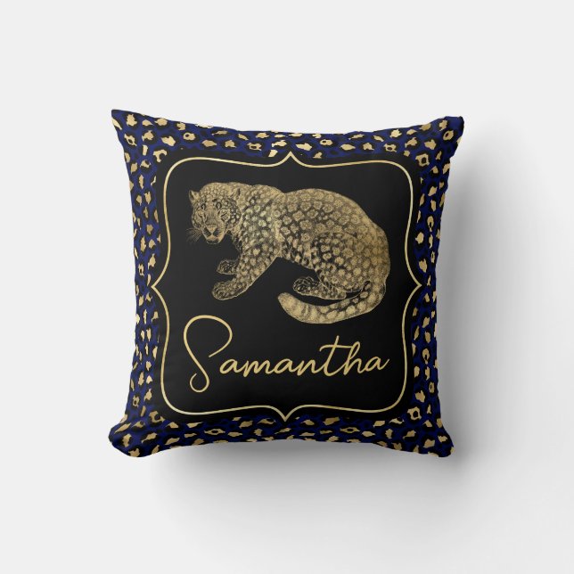 Almofada Leopardo Dourado e Impressão de Leopardo Azul (Frente)
