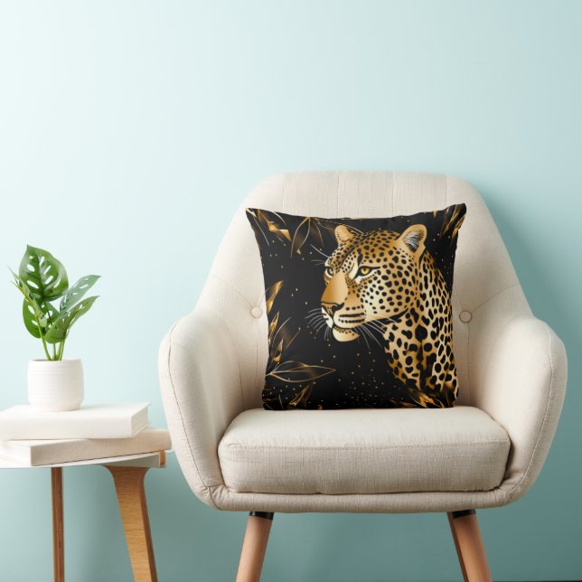 Almofada Leopardo Guepardo Preto Dourado Folhas Safari da S (Cadeira)