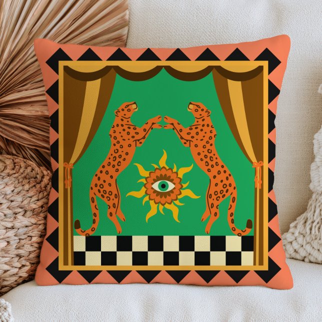 Almofada Leopardos Laranja Xadrez Estética Retro Dopamina (Criador carregado)