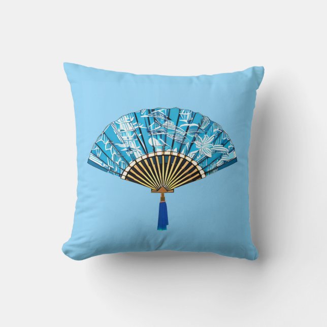 Almofada Leque Japonês em Azul Turquesa e Branco (Frente)