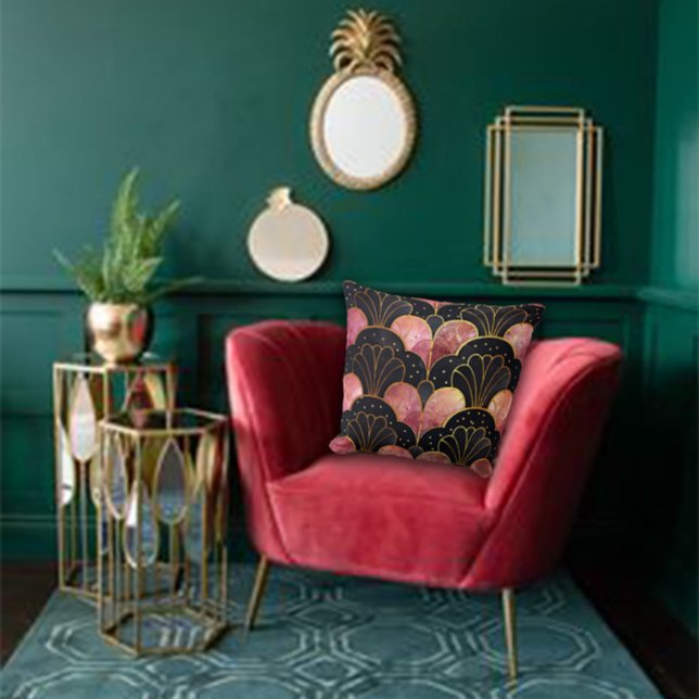 Almofada Leques Estilizados Art Déco em Preto e Rosa (Criador carregado)