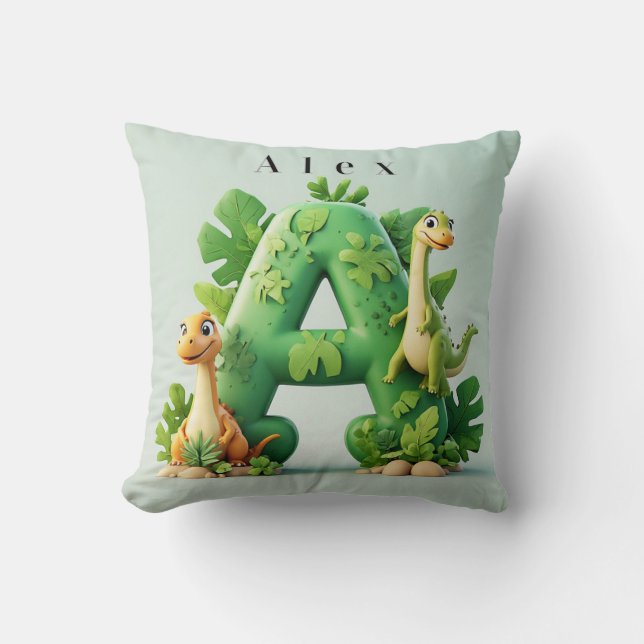 Almofada 🦖 Letra A de Dinossauro Fofo Selva Aprendizado de (Frente)