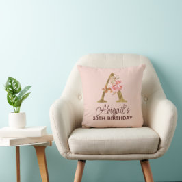 Almofada Letra A Monograma Dourado Rosas Rosa Choque