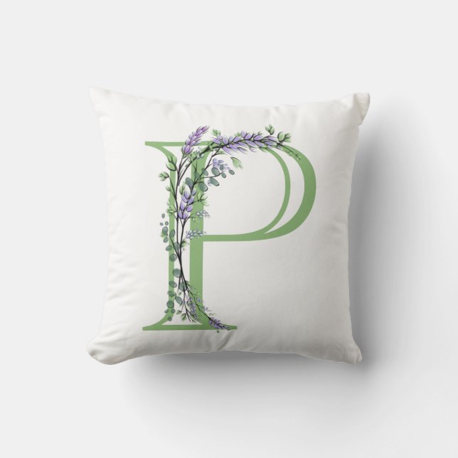 Almofada Letra alfabética P Lavanda de aquarela Eucalyptus (Frente)